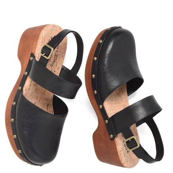 Kork-Ease Shoes - Kork-Ease Black Leather Platform Clogs with Brass Studs